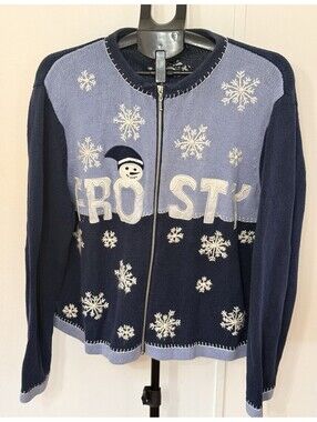 All Points Women Navy Light Blue Frosty Snowflake Zip-Up Sweater Embroidered